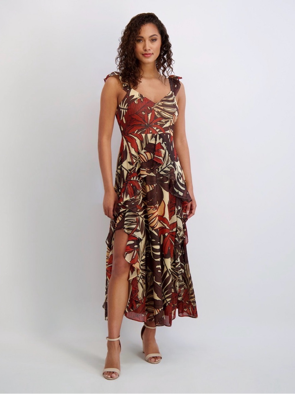Siena Tropical Ruffle Maxi Dress - Brown & Rust
